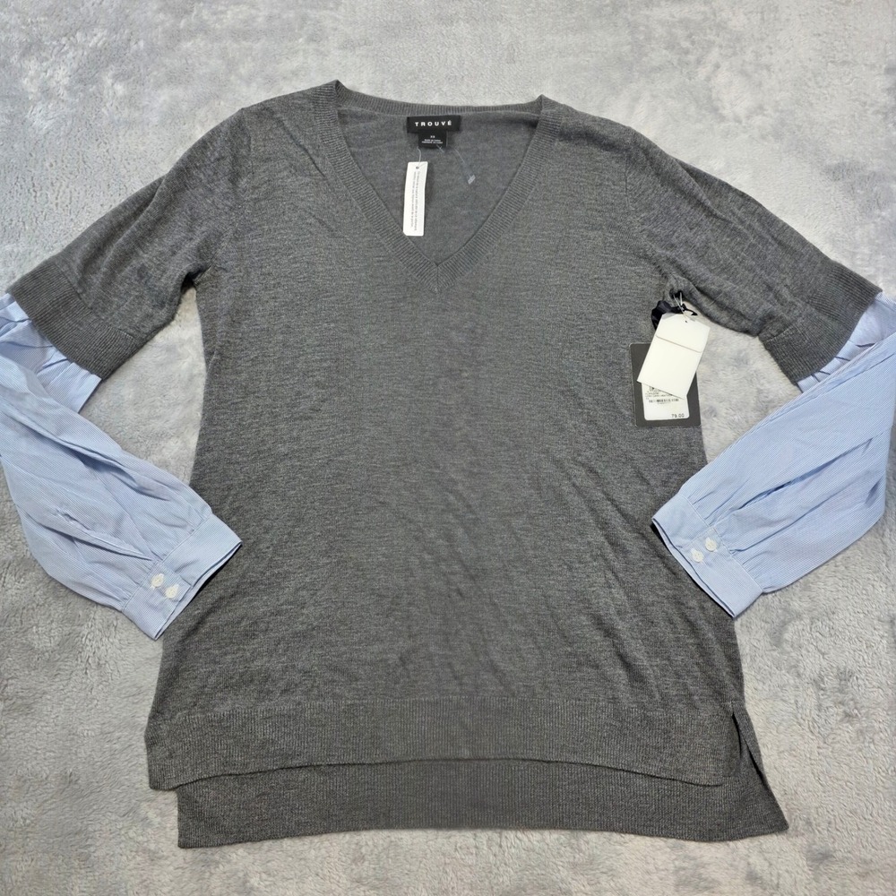 Trouve Women XS Grey Layered Mixed Media V-Neck Sweater Blue Striped Sleeves NWT
